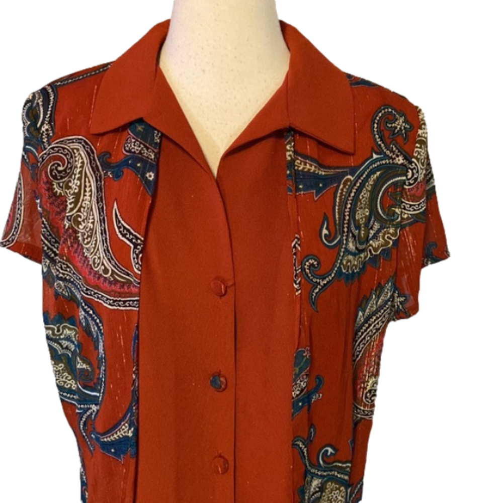 Wall St. Vintage Y2K Short Sleeve Paisley Blouse Top Rust Orange M